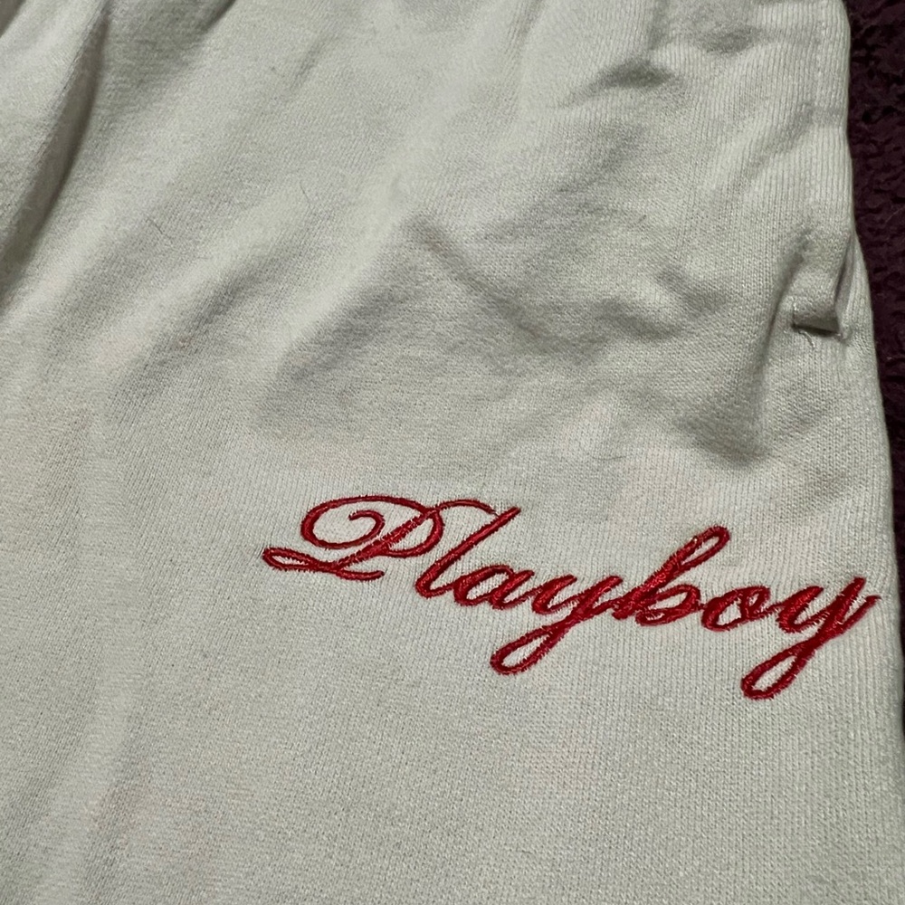 Playboy Embroidered off white sweat pants with Red Script